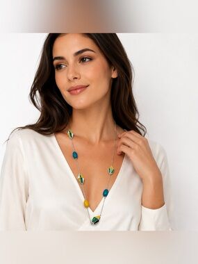 Nine West Silver Tone Geometric Enamel Beaded Long Station Necklace Multicolor